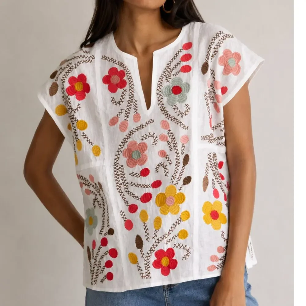 Johnny Was Floral Embroidered Joni V Neck Paneled Top 100% Linen Boho-Small